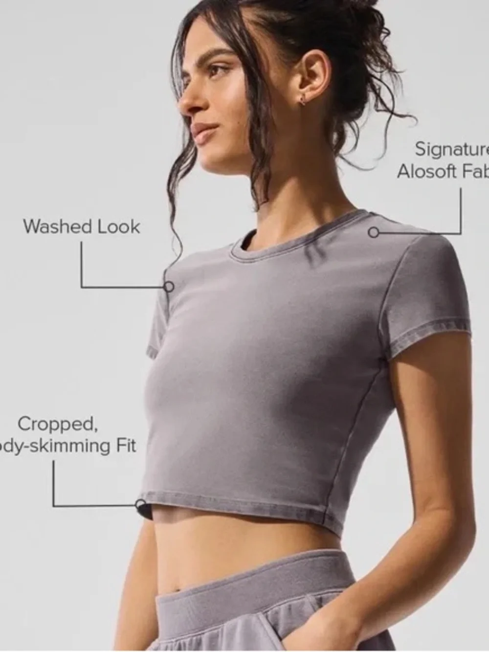 Alo Yoga Washed Alosoft Crop Finesse Short Sleeve shirt cool grey wash Size XS